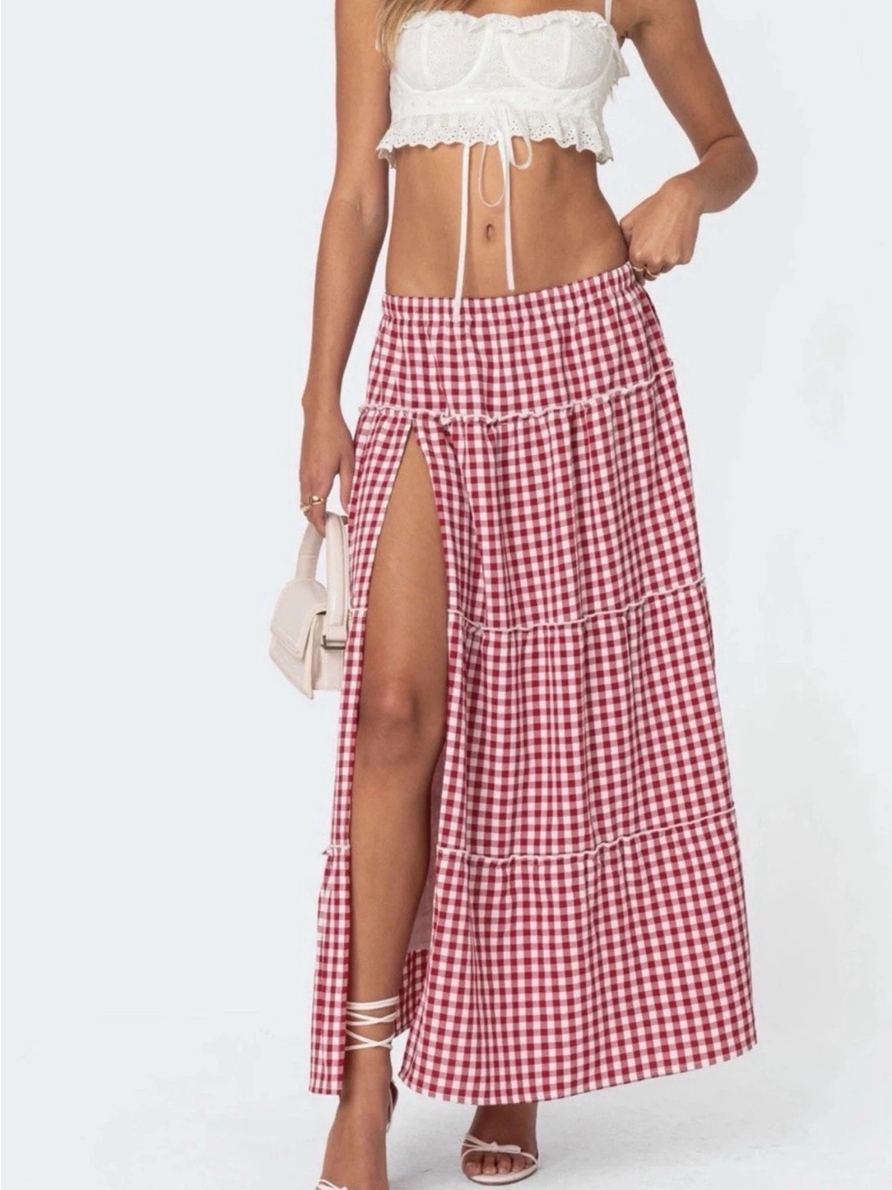 Edikted Gingham Side Slit Tiered Maxi Skirt M Red White Festival Concert